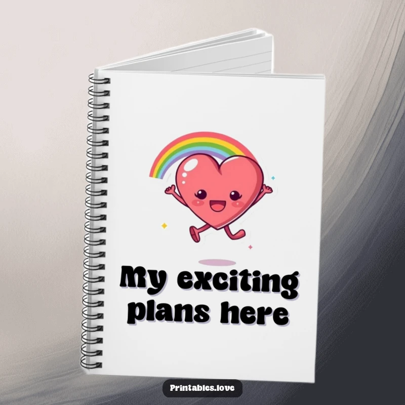 Funny notebook cover with a heart character leaping, trailing a rainbow arc, symbolizing excitement and colorful ideas.