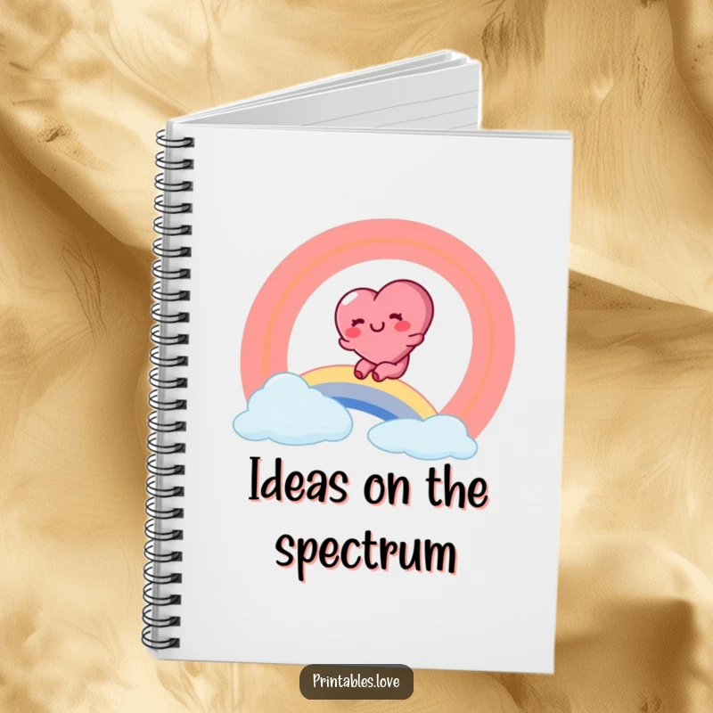 Funny notebook cover with a rosy-cheeked heart character sliding down a colorful rainbow with glee, inspiring joy.