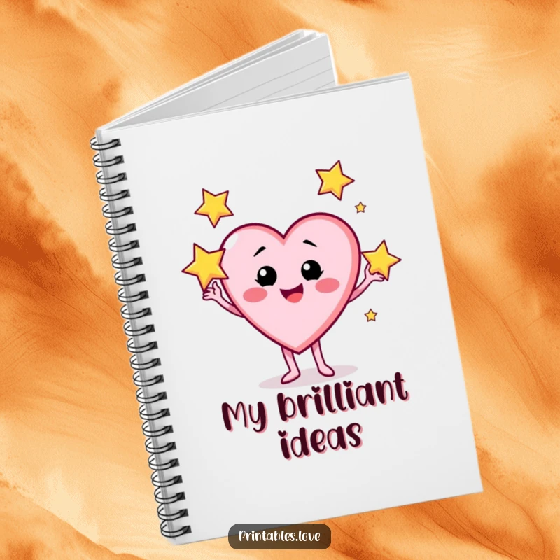 Funny notebook cover featuring a heart character with a cheeky grin juggling three sparkling stars, inspiring creativity.