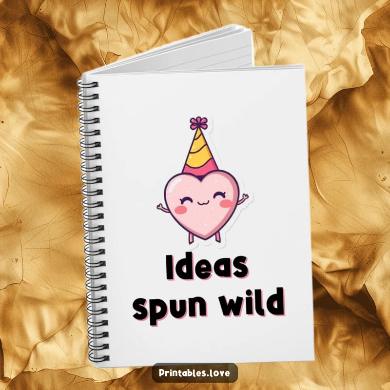 Funny notebook featuring a tiny heart wearing a party hat, spinning with pure enthusiasm, perfect for jotting notes.