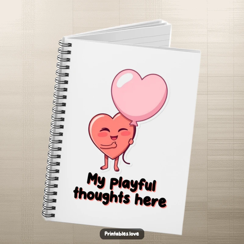 Funny notebook cover with a heart character winking playfully, holding a slightly deflated balloon, for capturing witty thoughts.