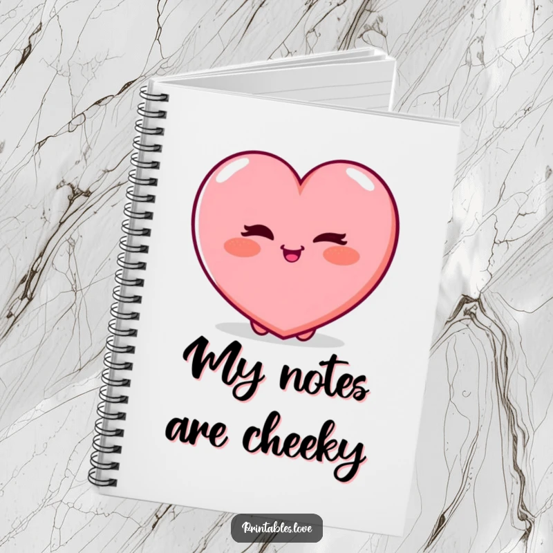 Funny Notebook featuring a plump heart character playfully winking with a rosy blush, inspiring charming thoughts and playful note-taking.