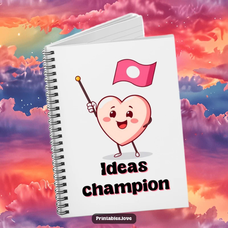 Funny notebook featuring a smiling heart character enthusiastically waving a miniature flag, perfect for jotting notes.