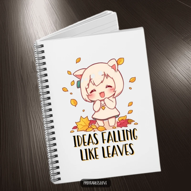 Funny Kawaii notebook with a cute character energetically trying to catch falling autumn leaves, designed for writing and creativity.