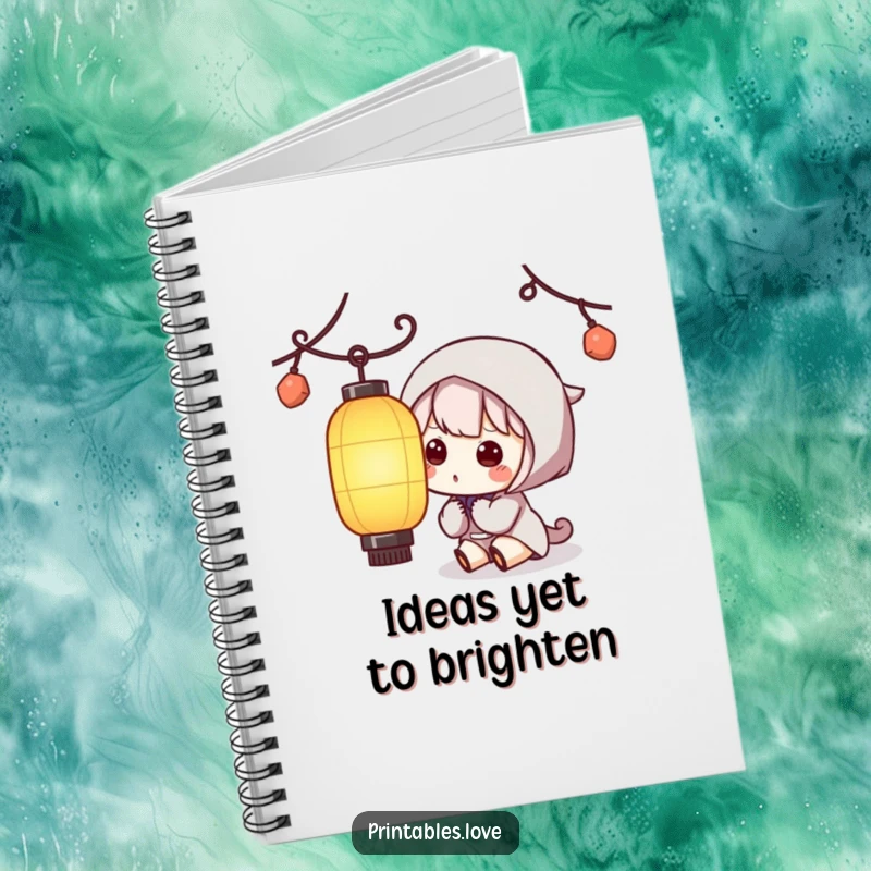 Funny Kawaii Lantern Notebook: A notebook cover displaying a cute character with curious eyes focused on a paper lantern.