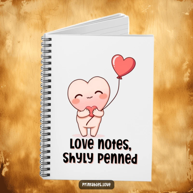 Funny notebook with a heart blushing shyly and holding a heart balloon, perfect for writing tender thoughts cheerfully.