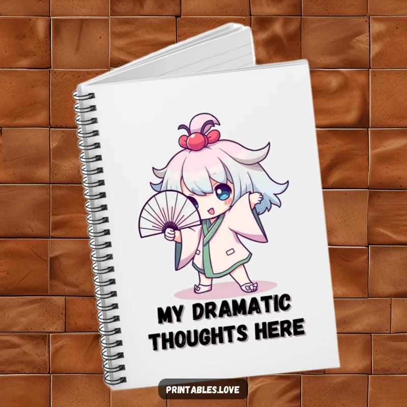 Funny Notebook with a Kawaii character striking a dramatic pose with a fan, perfect for jotting down ideas with a theatrical touch.