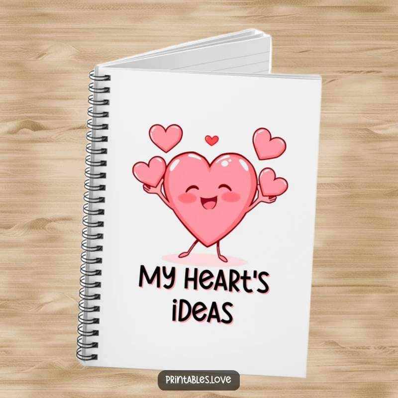 Funny notebook with a gleeful heart character joyfully juggling small hearts, perfect for note-taking.