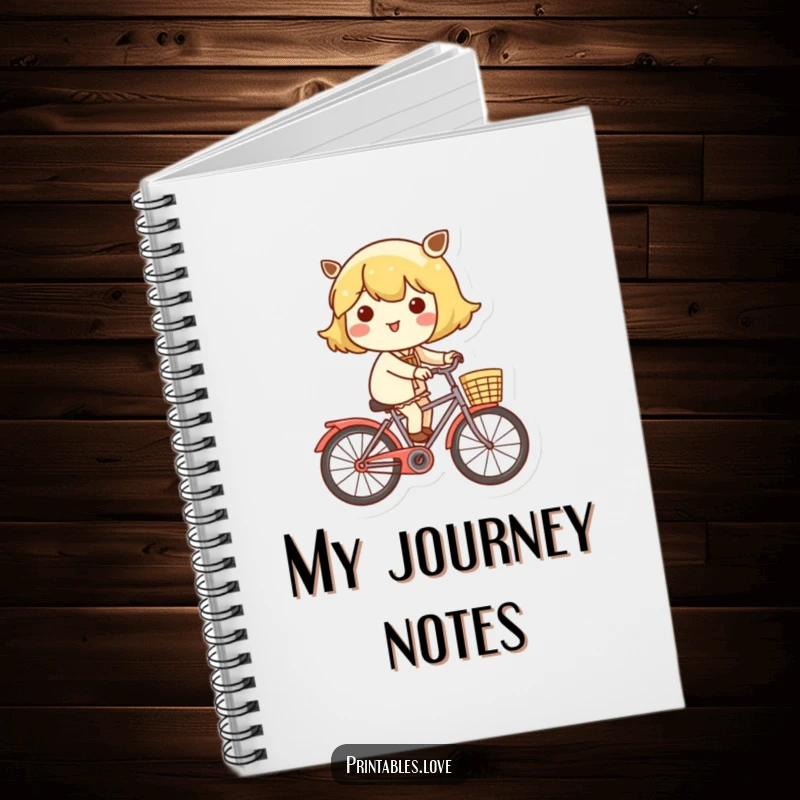 Funny notebook with a cheerful Kawaii character riding a bicycle with a basket, ready for notes.