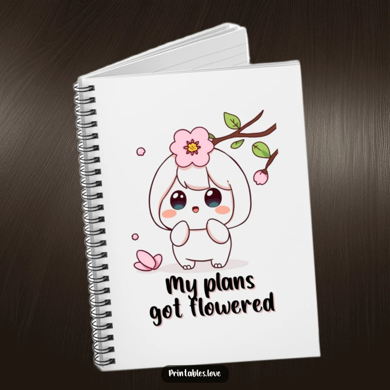 Funny Kawaii notebook with a surprised character reacting to a falling cherry blossom petal, ideal for journaling.