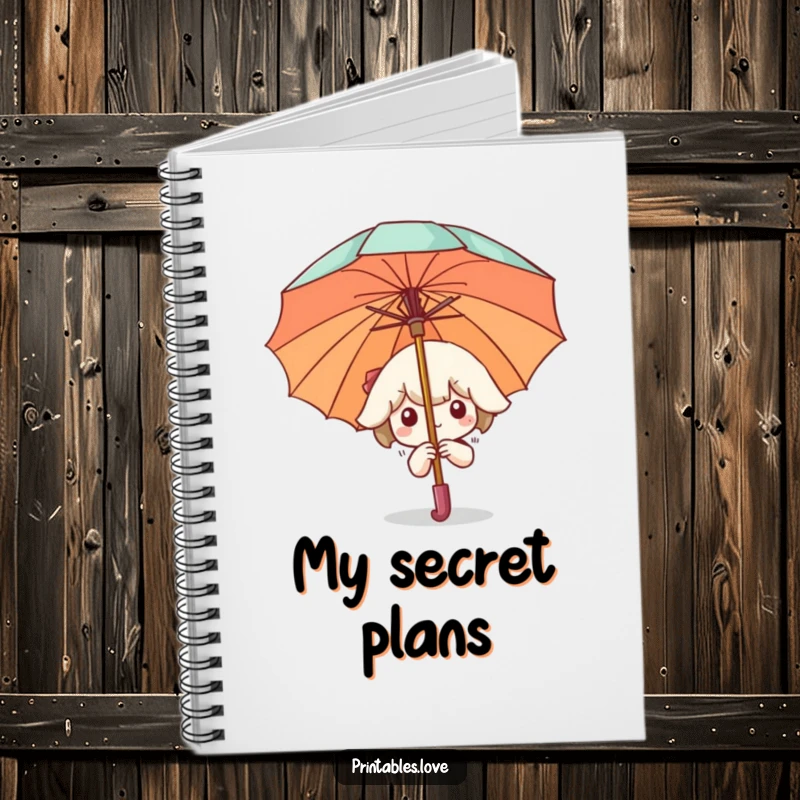 Funny Notebook with a Kawaii character peeking from behind a large umbrella, perfect for jotting down private thoughts with a touch of whimsy.