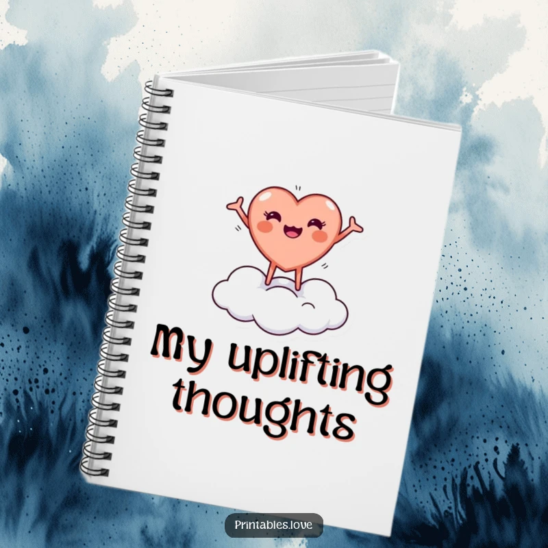 Funny notebook with a tiny, round heart character joyfully bouncing on a cloud with arms outstretched, perfect for writing.