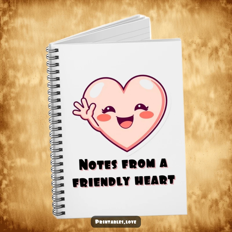 Funny notebook with a heart featuring an excited grin and waving hello, perfect for jotting down notes cheerfully.