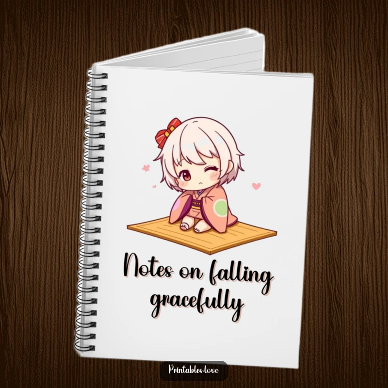 Funny Kawaii kimono notebook, showing a cute character tripping over a mat.