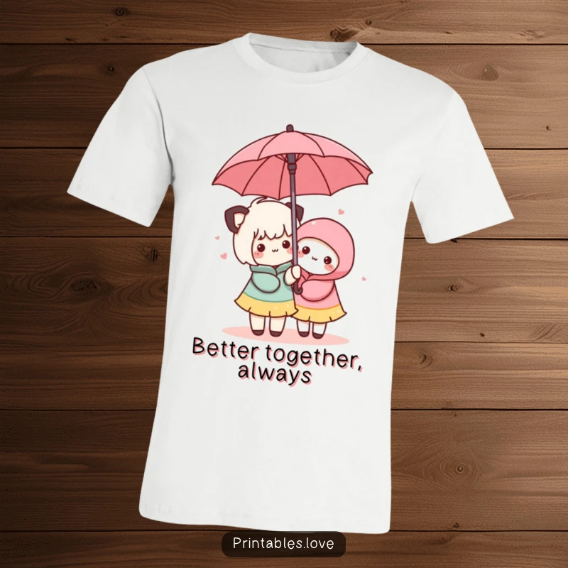 Funny Kawaii Friendship T-Shirt: A cute character and their friend sheltering together under a cheerful umbrella.