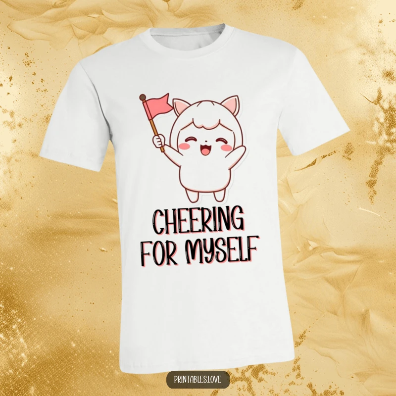 Funny T-Shirt featuring a Kawaii character excitedly waving a small flag, conveying enthusiasm and a love for celebrations, great for party people.