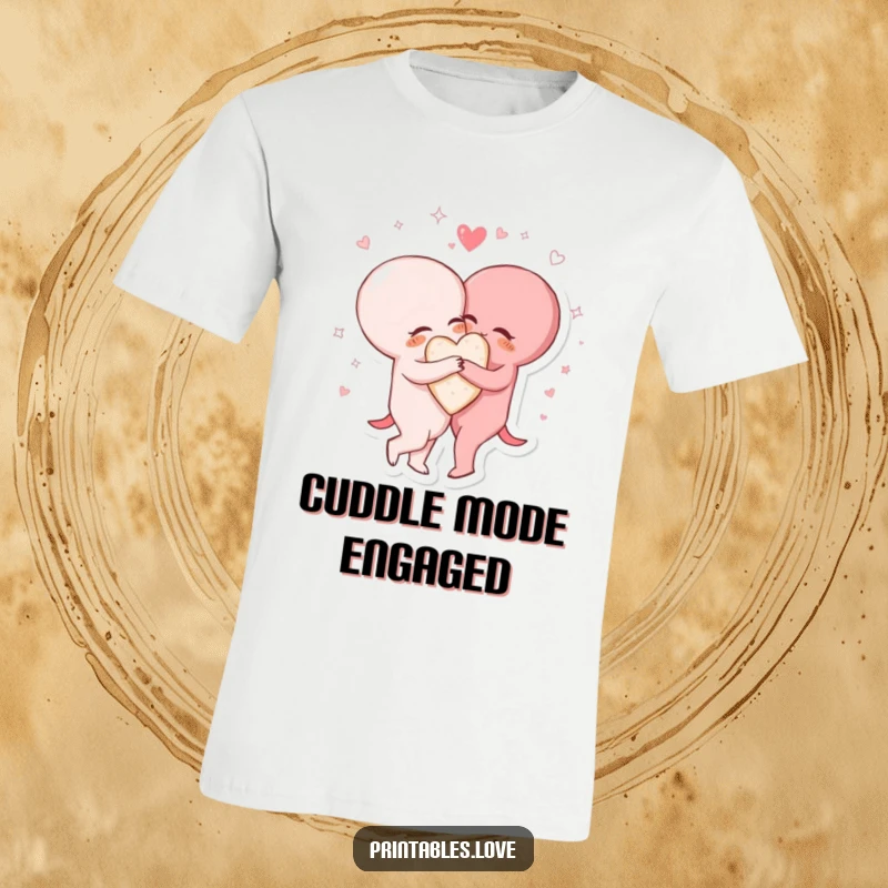 Funny t-shirt showing two heart characters in a tight embrace, encircled by shimmering, swirling lines of affection.