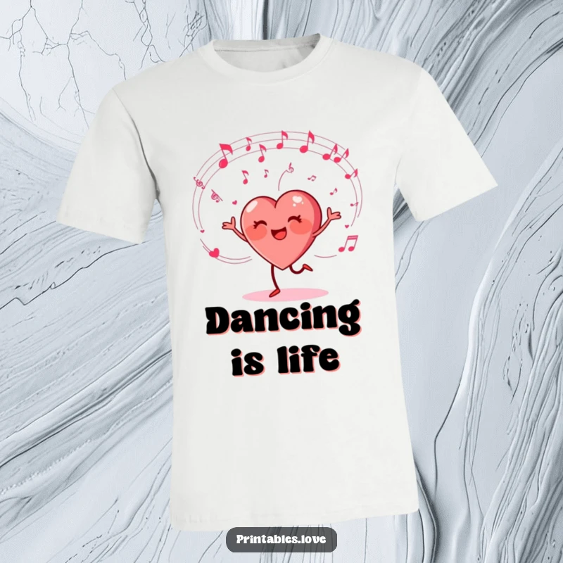 Funny t-shirt featuring a heart character happily dancing with musical notes swirling around, expressing joy and a passion for music.