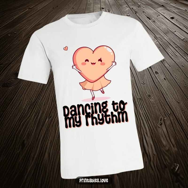 Funny t-shirt with a heart gracefully performing a joyful dance twirl, celebrating movement and happiness, a great gift.