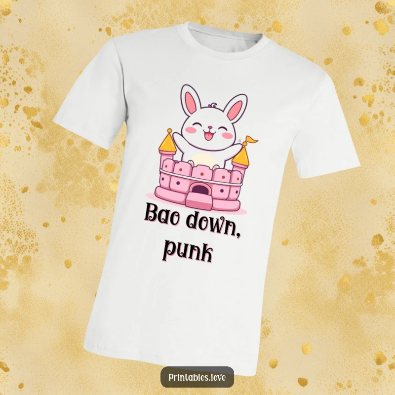 Funny bao bun t-shirt with a grinning character bouncing enthusiastically on a bouncy castle, perfect for playful spirits.