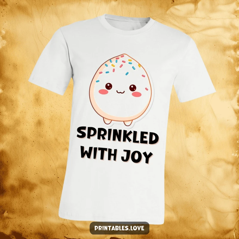 Funny cheerful mochi character, joyfully adorned with sprinkles, printed on a soft and vibrant t-shirt.