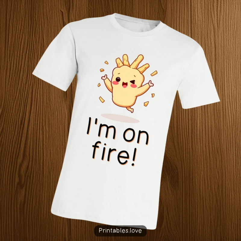 Funny dancing tempura character, with crispy bits flying playfully, printed on a fun and comfortable t-shirt.