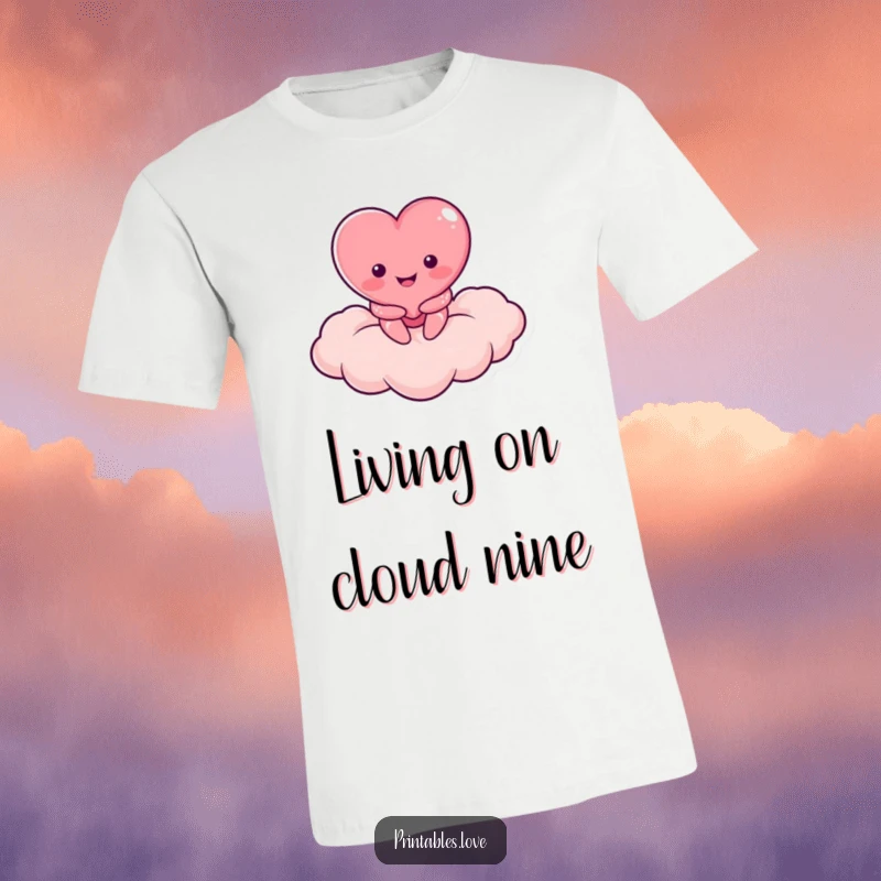 Funny t-shirt depicting a smiling heart character sitting contentedly on a heart-shaped cloud in the sky.