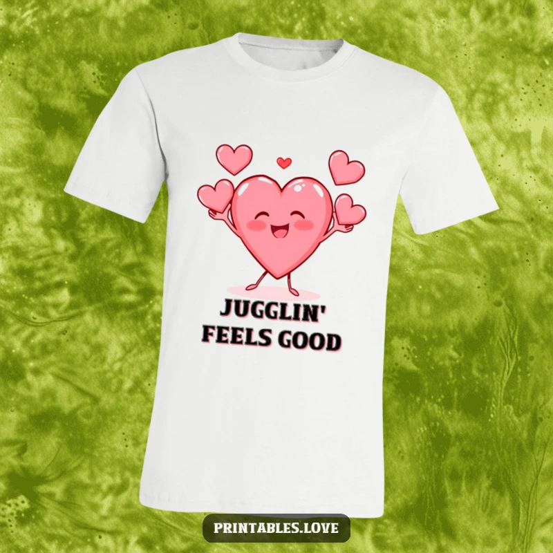 Funny t-shirt featuring a gleeful heart character in action, joyfully juggling three small hearts with a big smile.