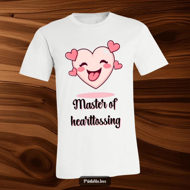Funny t-shirt with a cheerful heart tongue sticking out, skillfully juggling tiny hearts, a symbol of playful love.