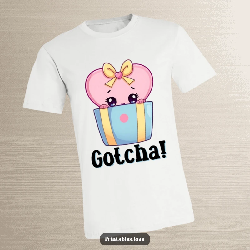 Funny t-shirt featuring a heart character with wide eyes, peeking from behind a vibrant, oversized gift box.