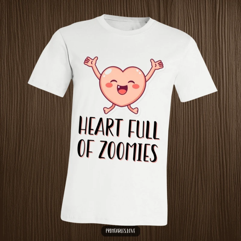 Funny T-Shirt featuring a small, round heart character leaping with arms wide open in a moment of exuberant joy and excitement.