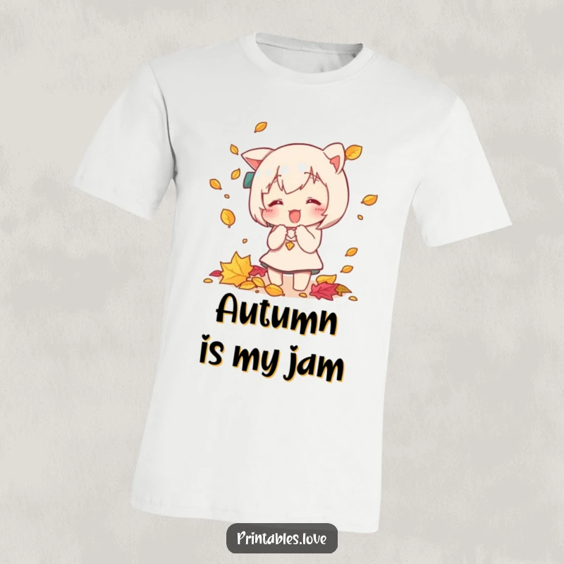 Funny Kawaii t-shirt showing a cute character jumping playfully to catch colorful falling autumn leaves, expressing pure delight.
