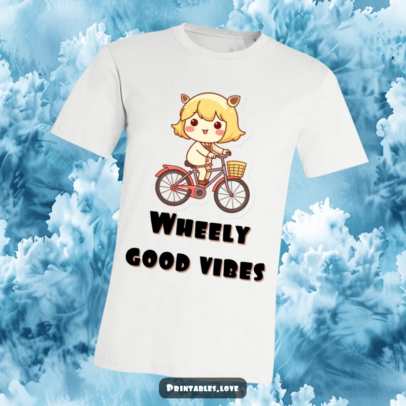 Funny t-shirt with a cheerful Kawaii character happily riding a bicycle, carrying items in a basket, conveying pure delight.