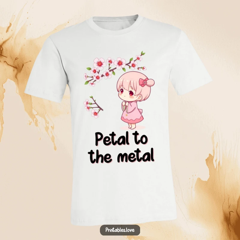 Funny Kawaii t-shirt featuring a cute character looking up in admiration at a vibrant blooming cherry blossom branch, perfect for spring.