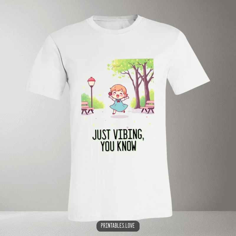 Funny Kawaii Dancing Character T-Shirt: A cute, happy character in mid-dance, radiating pure joy in a bright park.