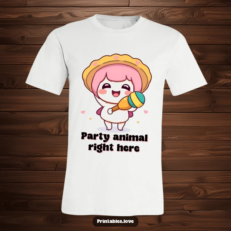 Funny Kawaii t-shirt featuring a cute character energetically shaking a maraca with a big, joyful smile.