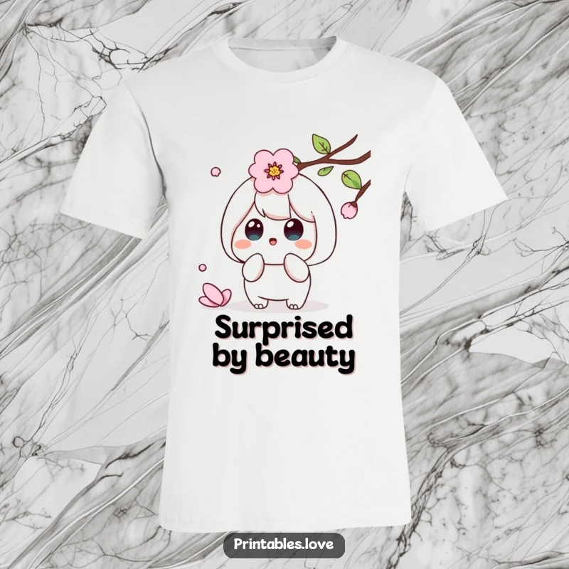 Funny Kawaii t-shirt depicting a cute character looking surprised as a cherry blossom petal gently falls nearby.