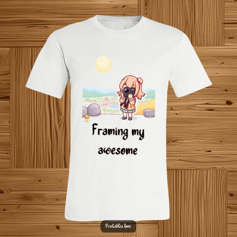 Funny Kawaii Photographer T-Shirt: A cute character posing confidently with a camera in a picturesque landscape.