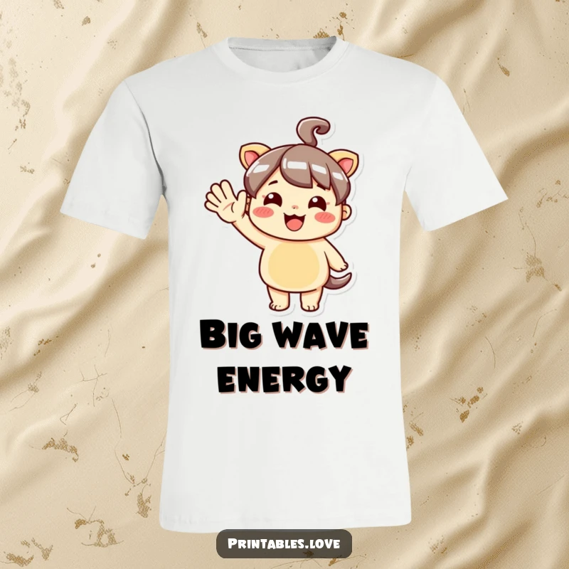 Funny Kawaii T-Shirt of a cute character giving a large, energetic hello wave, perfect for spreading cheer.