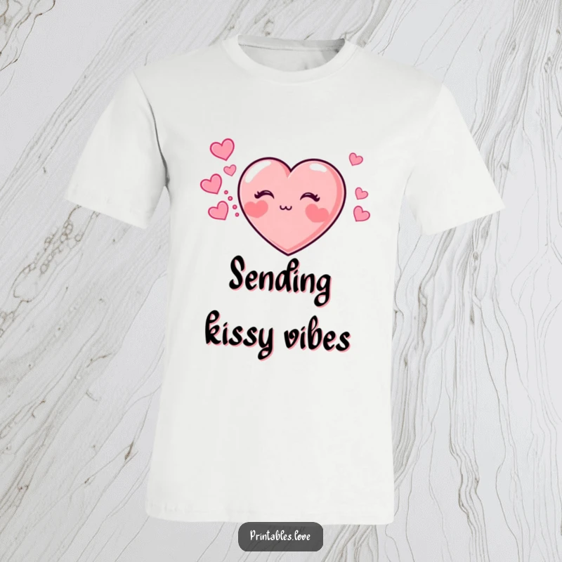 Funny t-shirt depicting a sweet heart with chubby cheeks blowing a kiss, with a lovely trail of hearts behind.