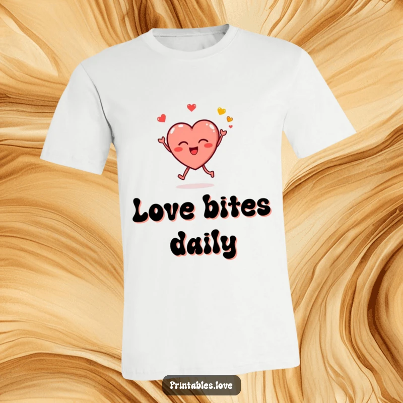 Funny t-shirt showcasing a small, round heart character joyfully leaping while blowing kissy emojis, symbolizing love and fun.
