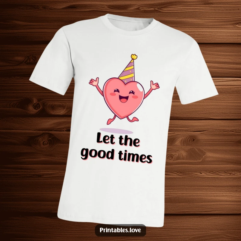 Funny Party Heart T-Shirt wearing a party hat, enthusiastically jumping with boundless energy and celebrating life with pure delight.