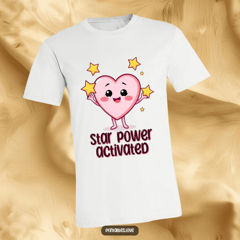 Funny T-shirt featuring a heart character with a mischievous grin, skillfully juggling three twinkling, sparkling stars.