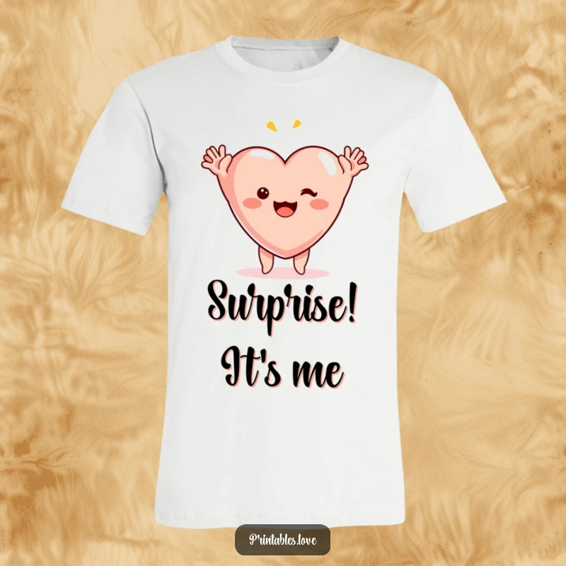 Funny surprise heart t-shirt, arms flung up in a gesture of shocked delight, a comical character expressing pure joy.