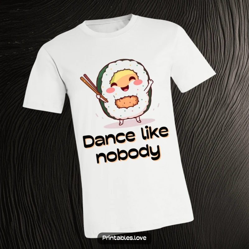 Funny sushi roll t-shirt with a smiling character dancing with chopsticks, perfect for expressing love for Japanese cuisine with humor.