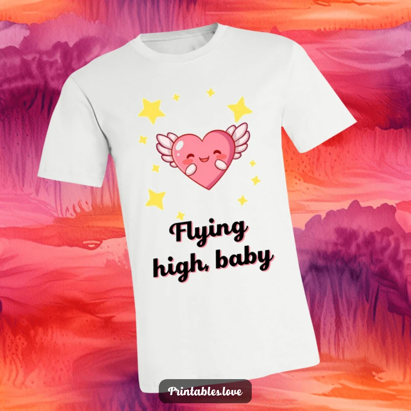 Funny t-shirt showcasing a heart character with elegant wings, flying with pure joy through a dazzling, star-filled celestial expanse.