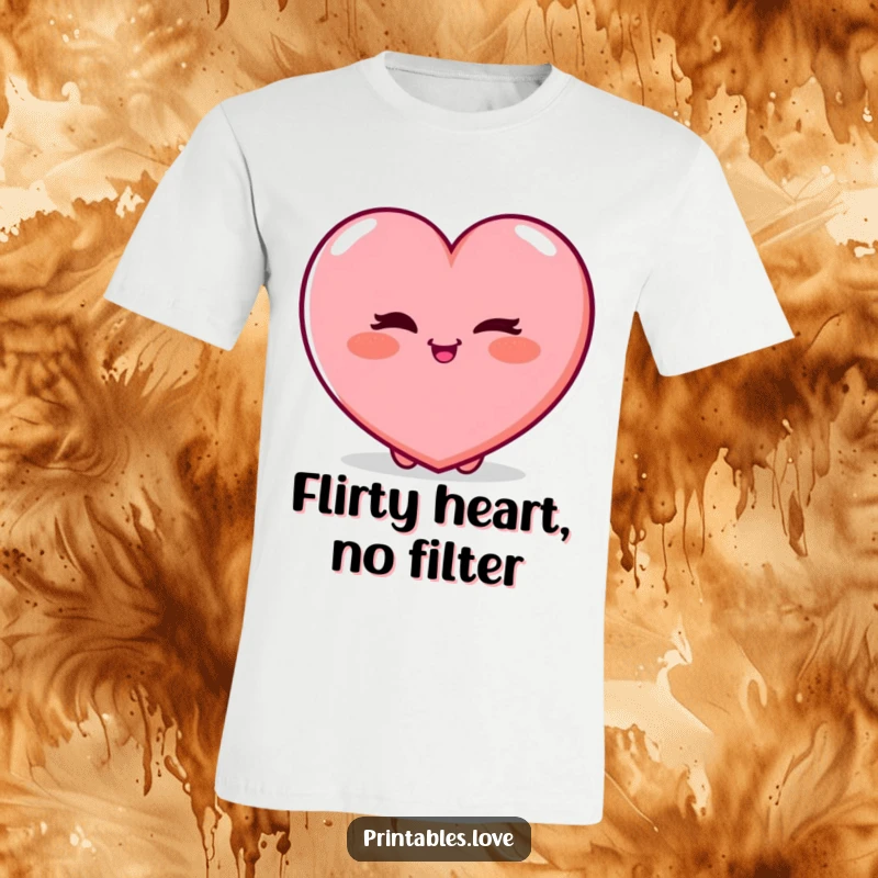 Funny T-Shirt featuring a plump heart character winking playfully, complete with a rosy blush, embodying a cute and charming personality.