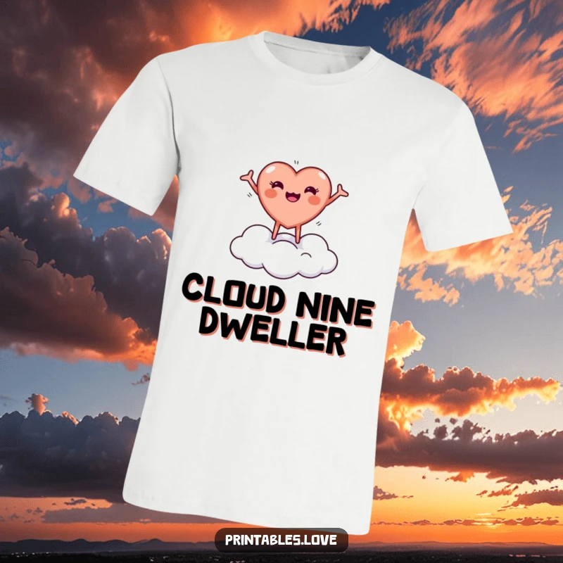 Funny t-shirt with a tiny, round heart character joyfully bouncing on a cloud with arms outstretched, showing pure delight.