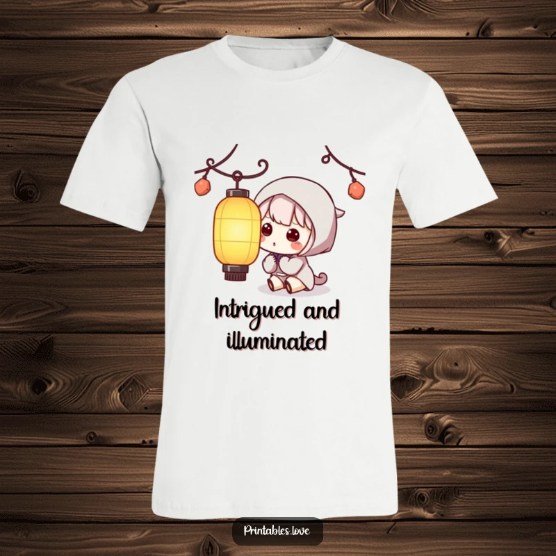 Funny Kawaii Lantern Curiosity T-Shirt: A cute character looking up with wide eyes at a beautiful, illuminated paper lantern.