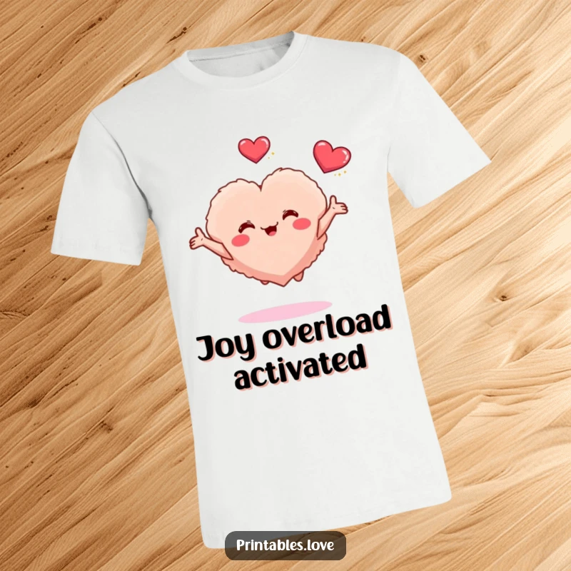Funny t-shirt showcasing a small fluffy heart character gleefully bouncing with arms wide open, longing for a loving embrace.